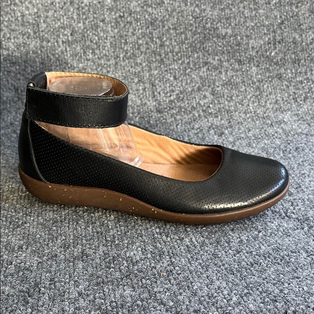 Clarks Medora Nina Ballet Flats Black Perforated Leather with Ankle-Strap